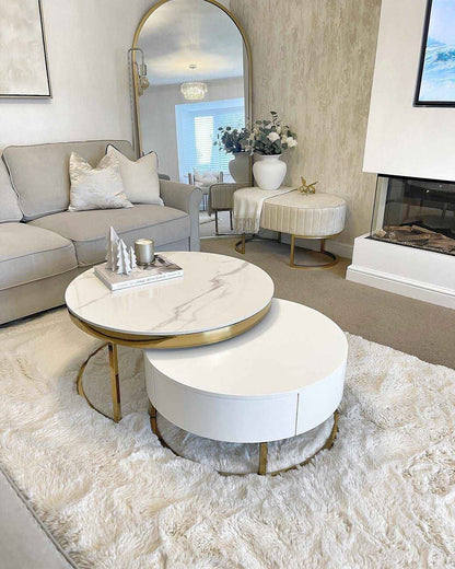 Nesnesis Modern Round Sinter Stone Nesting Wood Coffee Table