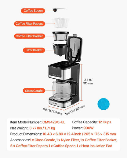 VEVOR Programmable Coffee Maker, 12 Cup Programmable Drip Coffee Makers with Touch Screen, 4-Hour Keep Warm Coffee Makers Drips, 2 Brew Strengths Drip Coffee Machine for Home, 24-Hour Programmable